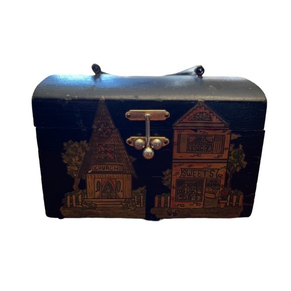 Vintage Wooden Purse Dark Green Decoupaged Buildings Town - Picture 1 of 10